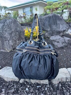 Henri Bendel Black Nylon Drawstring Shoulder Bag Leather Trim Large Tote